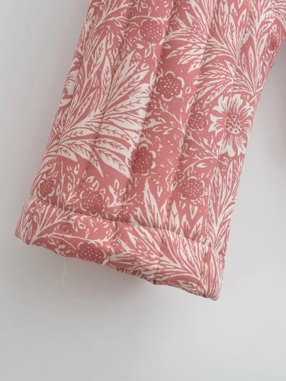 Light Pink Flower Print Lapel Quilted Coat