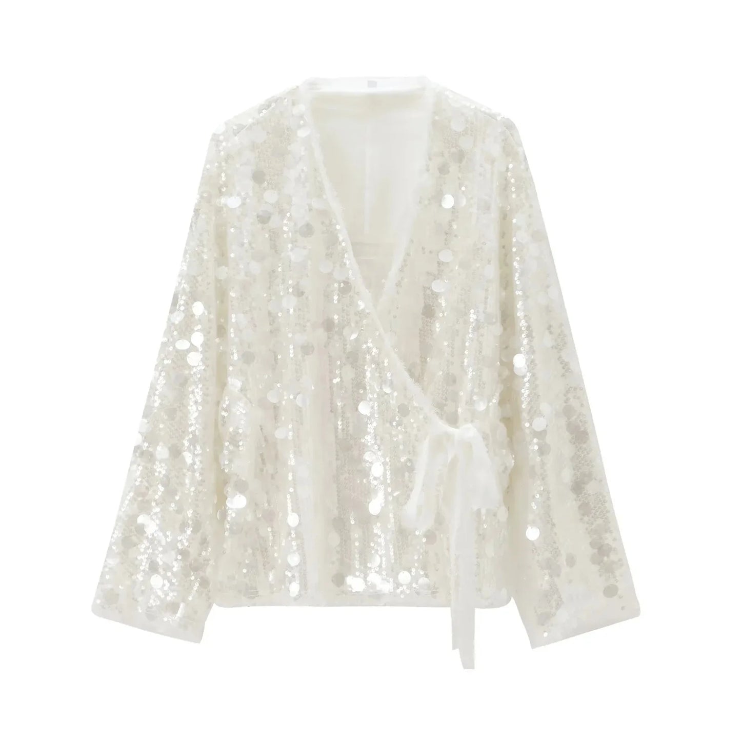 Elegant White Sequins Cardigan Coat