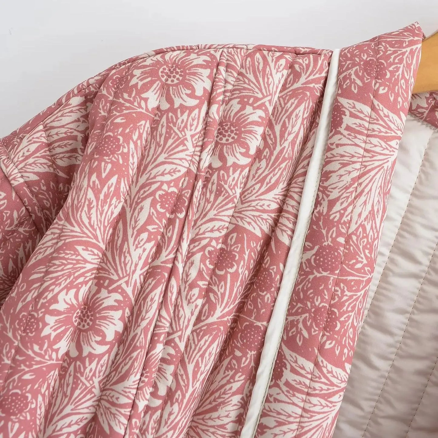 Light Pink Flower Print Lapel Quilted Coat