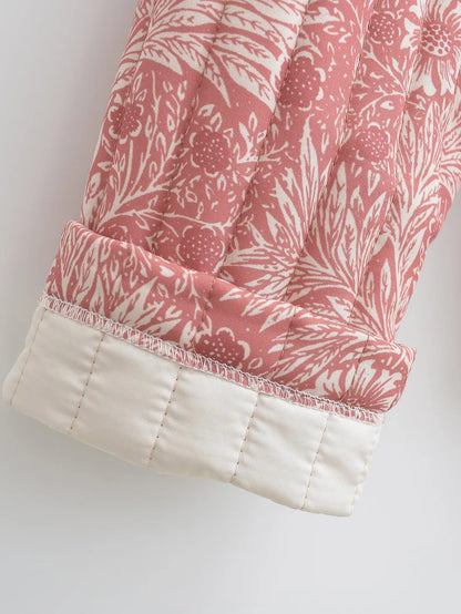 Light Pink Flower Print Lapel Quilted Coat