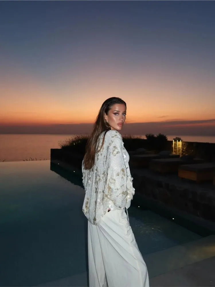 Elegant White Sequins Cardigan Coat