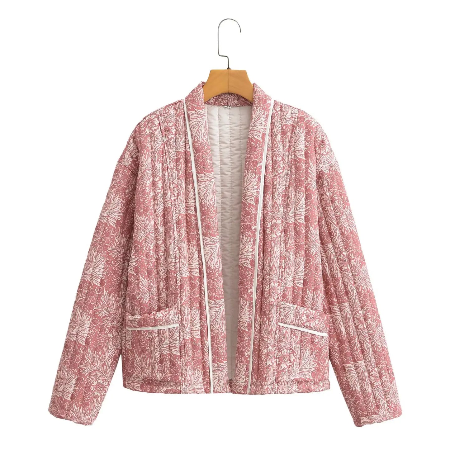 Light Pink Flower Print Lapel Quilted Coat