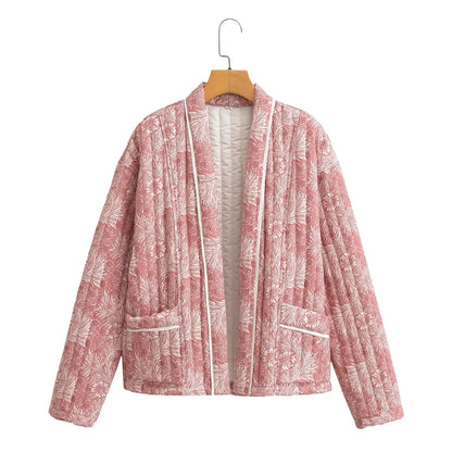 Light Pink Flower Print Lapel Quilted Coat