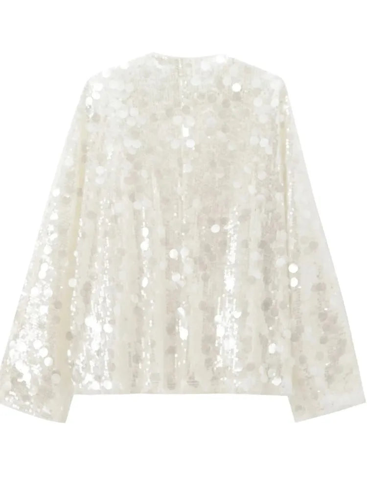 Elegant White Sequins Cardigan Coat