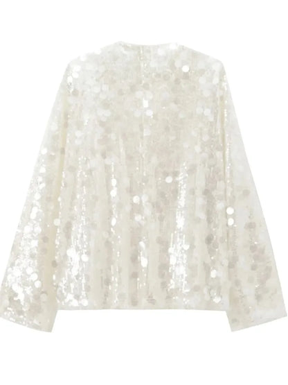 Elegant White Sequins Cardigan Coat