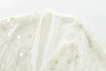 Elegant White Sequins Cardigan Coat