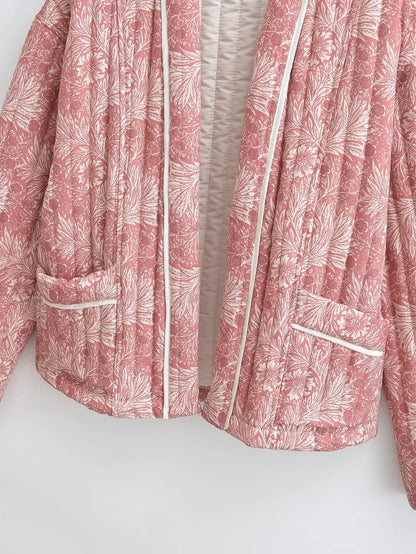 Light Pink Flower Print Lapel Quilted Coat