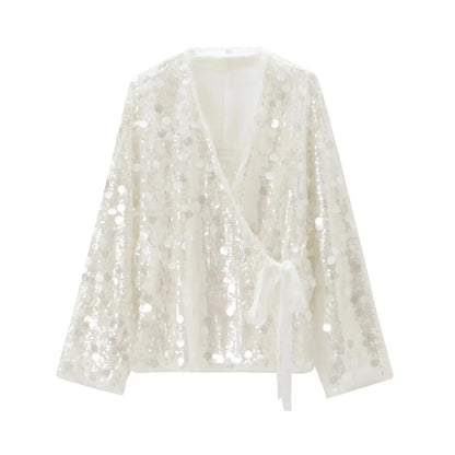Elegant White Sequins Cardigan Coat