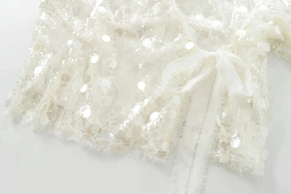 Elegant White Sequins Cardigan Coat