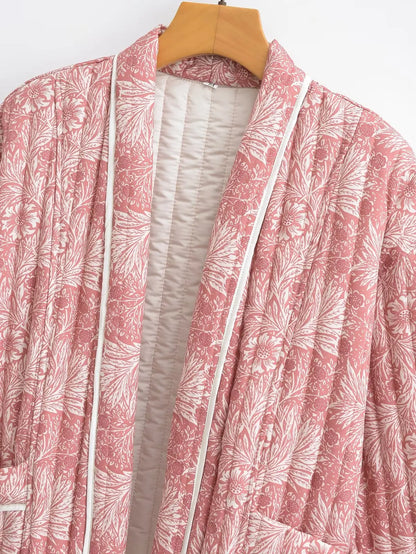 Light Pink Flower Print Lapel Quilted Coat
