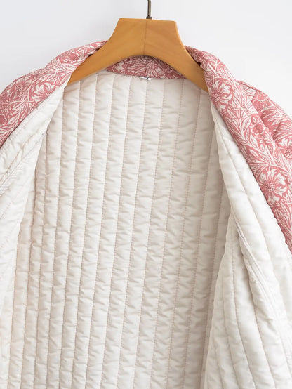 Light Pink Flower Print Lapel Quilted Coat