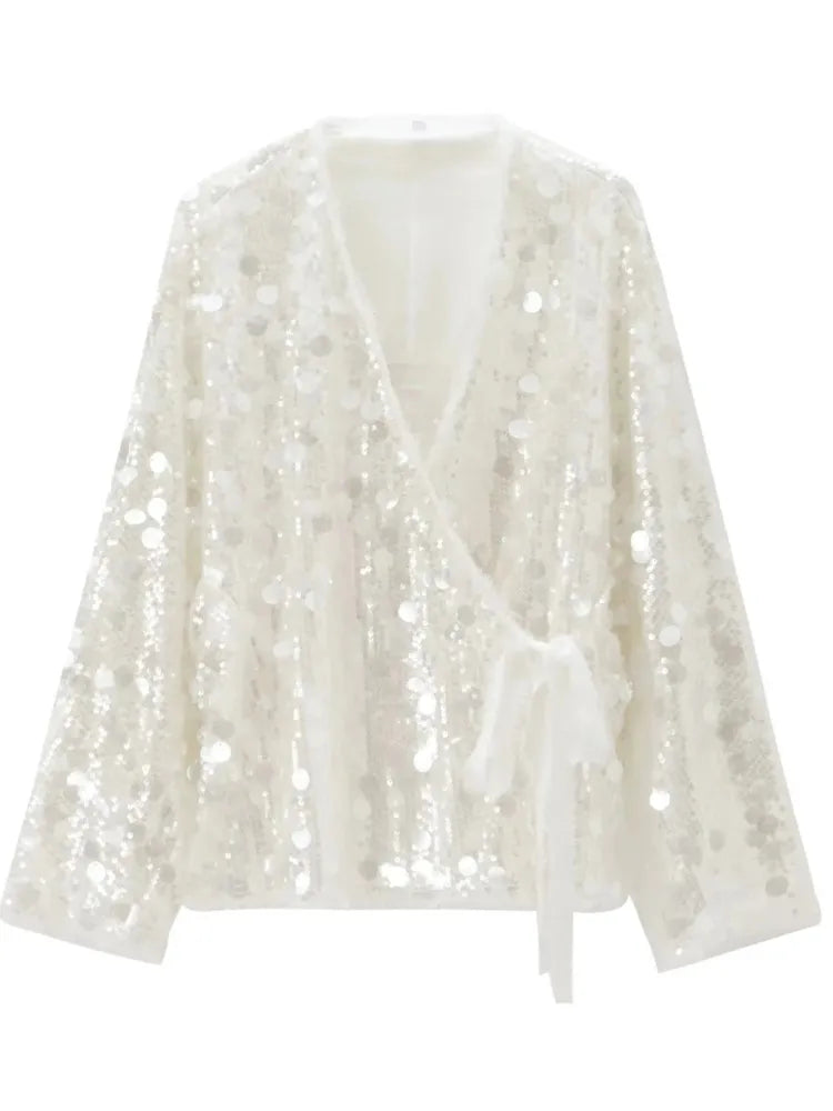 Elegant White Sequins Cardigan Coat