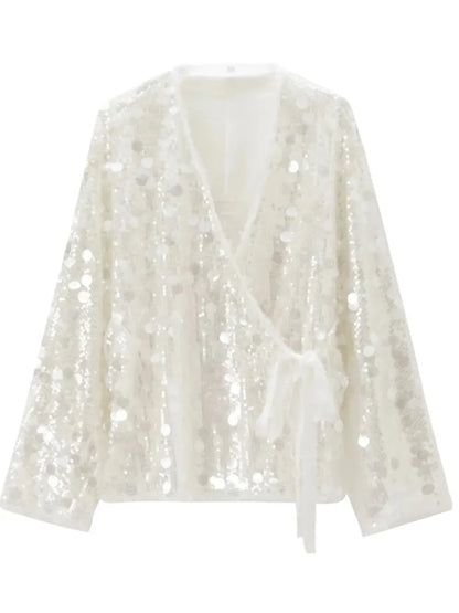 Elegant White Sequins Cardigan Coat