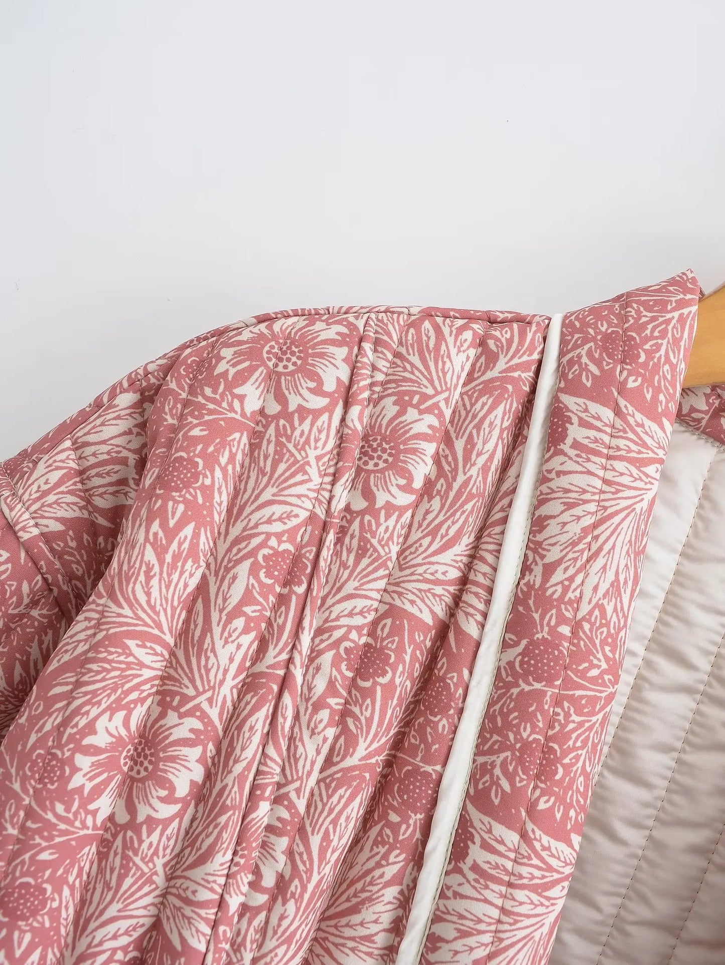 Light Pink Flower Print Lapel Quilted Coat