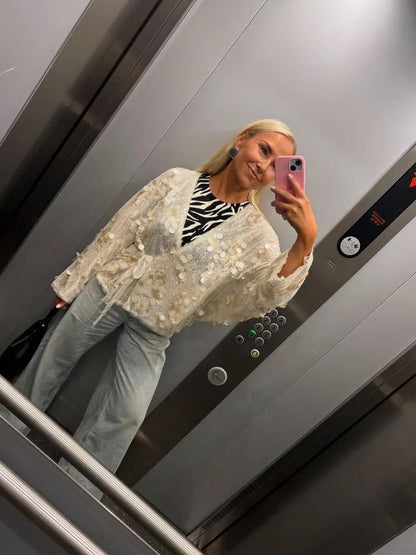 Elegant White Sequins Cardigan Coat